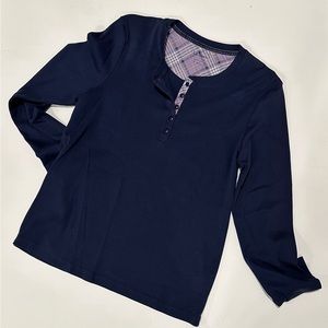 LL Bean 5 Button Navy Blue 100% Cotton Long Sleeve Henley Purple Pld Size Sm Reg
